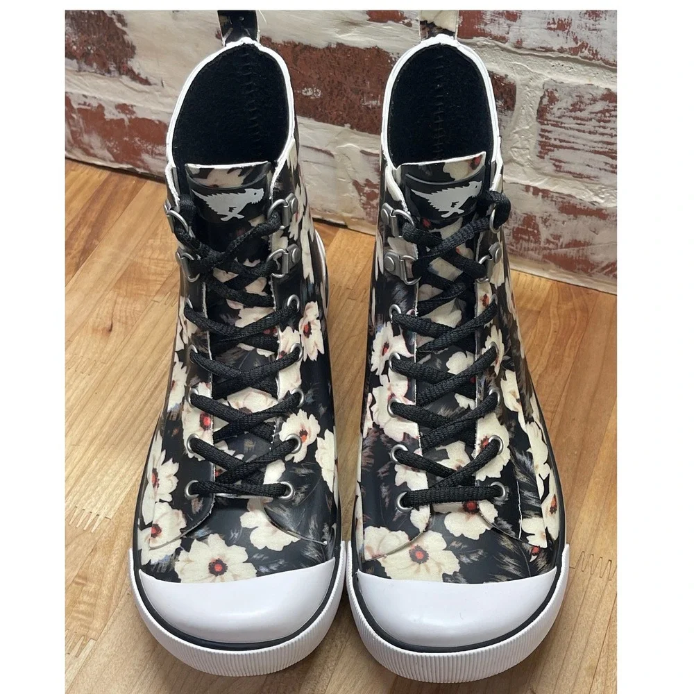 Rocket Dog Floral Rain Boots Black White High Top Sneaker Boot Women 8.5